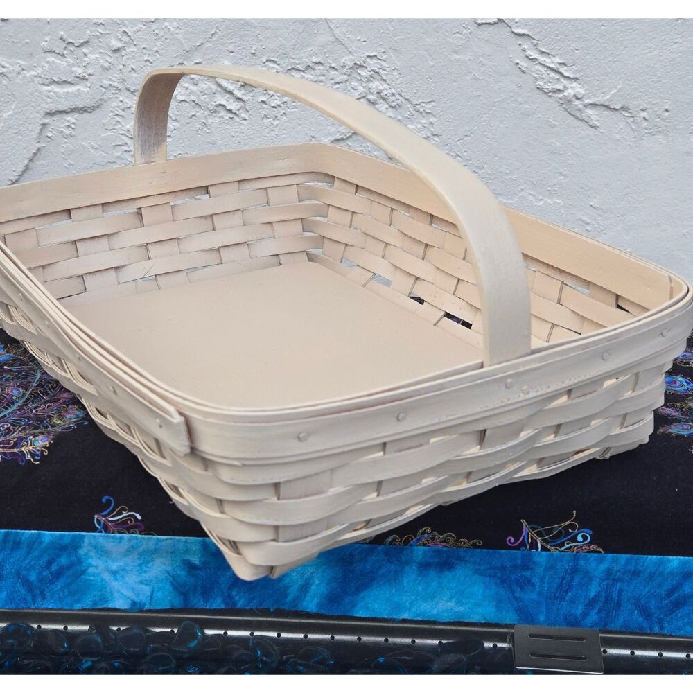 2002 Longaberger 13" Rectangle Fixed Center Handle Upcycled Antique White Basket - Picture 10 of 14